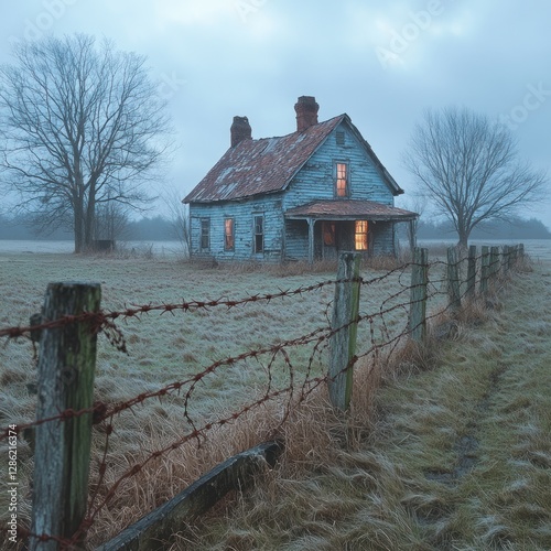 Abandoned farmhouse with light on at dusk, behind barbed wire fence in frosty field.