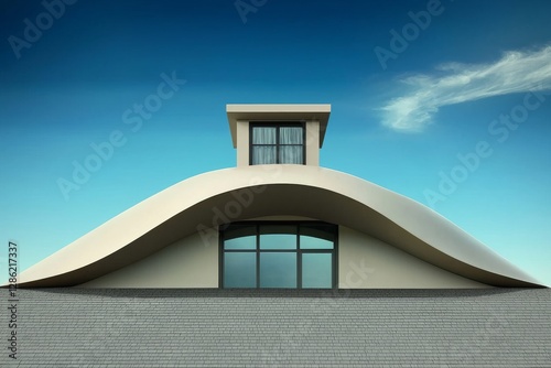Place a fake window on the garret of a house with asphalt shingles and a blue sky background