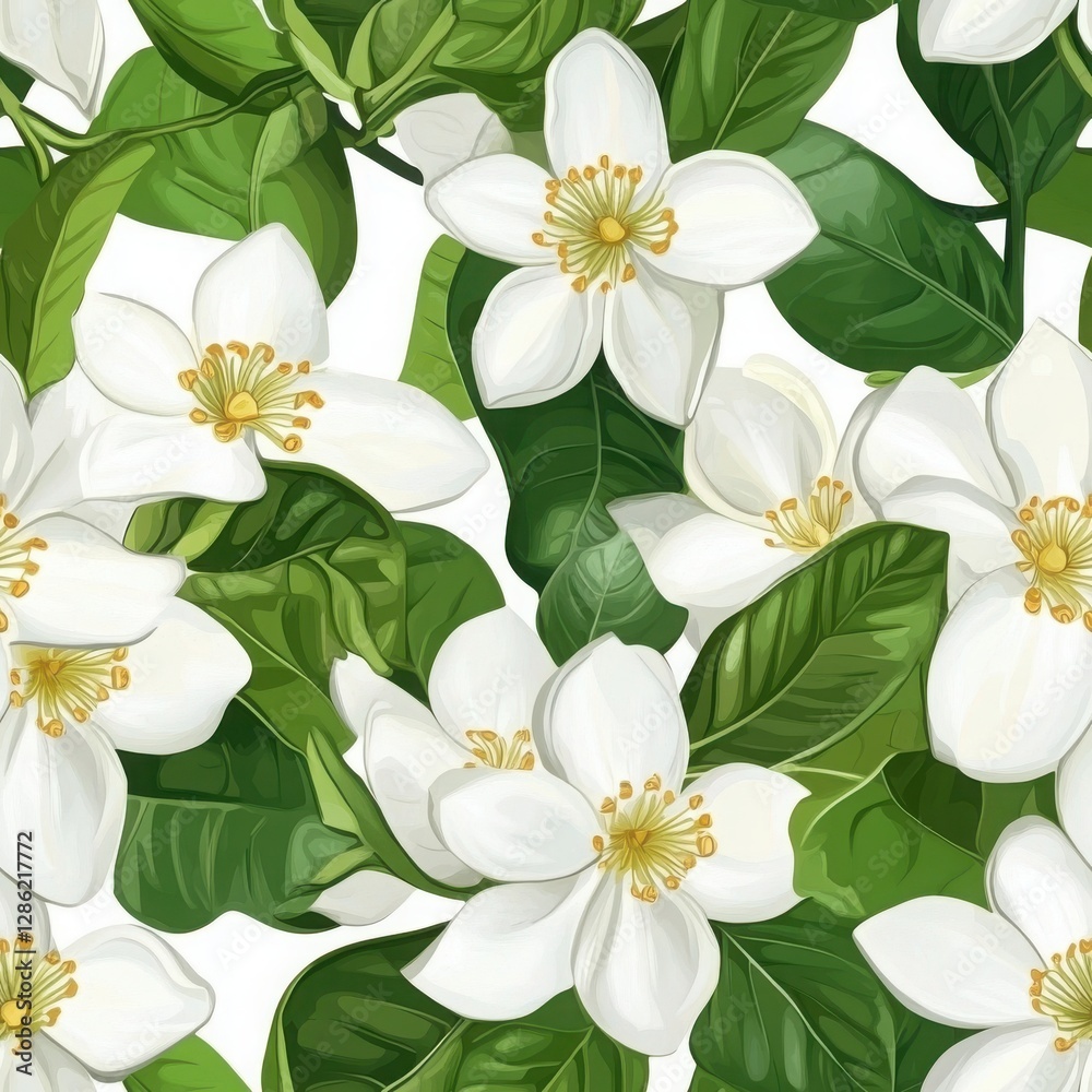 Obraz premium White Blossoms and Lush Green Leaves Seamless Pattern