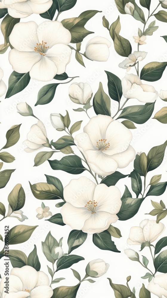White Flower and Green Leaf Seamless Pattern Botanical Illustration