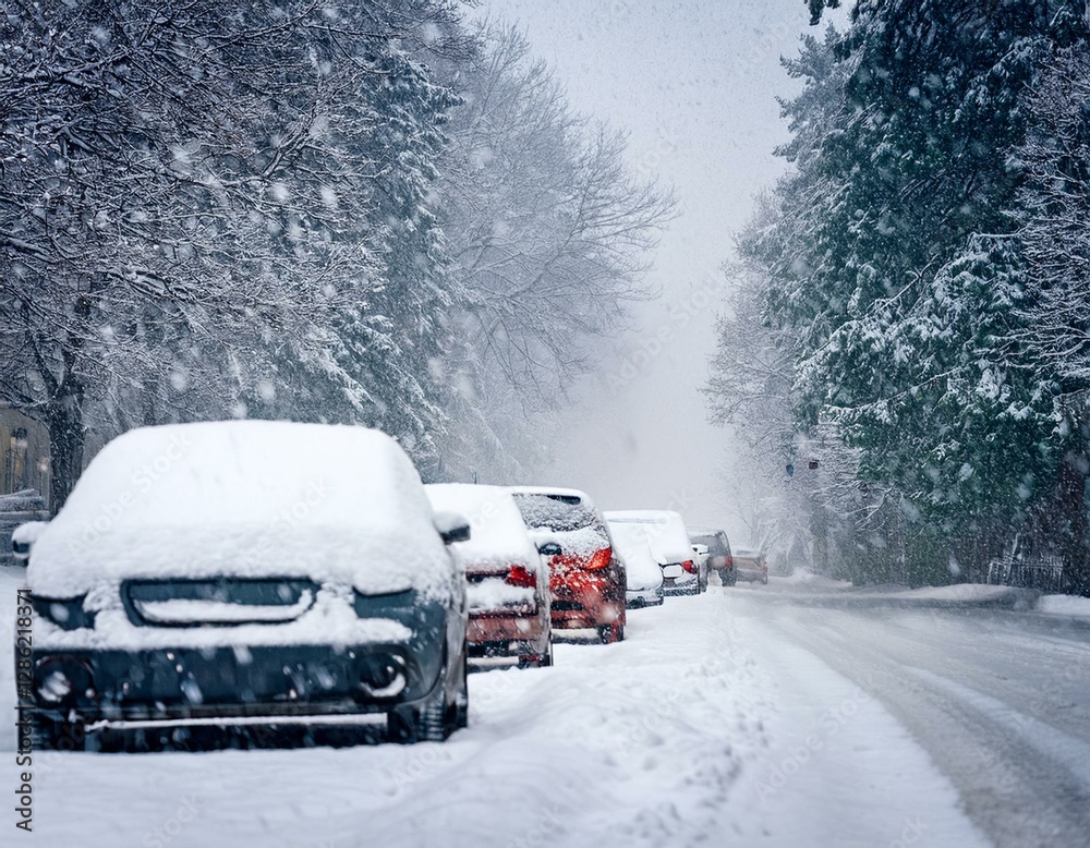 extreme snowfall on street with snowy cars extreme snowfall on street with snowy cars