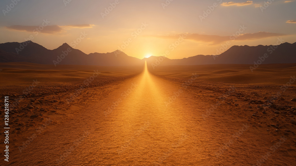 glowing path of light leads towards majestic sunset over desert landscape, surrounded by mountains. warm hues evoke sense of tranquility and wonder glowing path of light leads towards majestic sunset over desert landscape, surrounded by mountains. warm hues evoke sense of tranquility and wonder