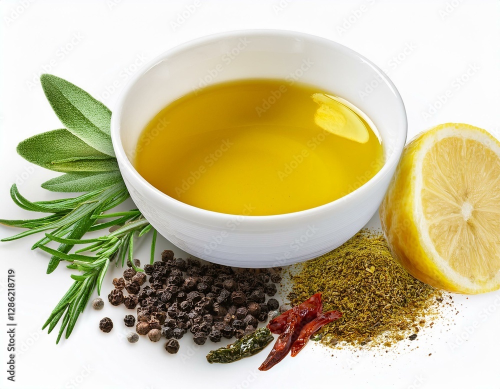 various herbs and spices oil in white bowl and half of lemon isolated various herbs and spices oil in white bowl and half of lemon isolated