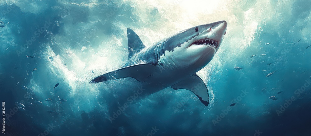 Fototapeta premium Great white shark swimming in cloudy ocean water.