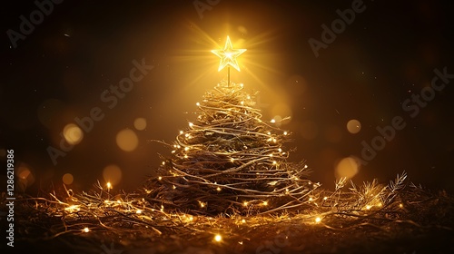 Stunning Christmas tree with twinkling lights, a glowing golden star on top, and shimmering decorations, surrounded by a soft bokeh effect.