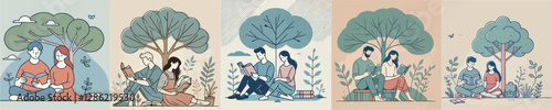 Vector of a man and woman reading a book under a tree