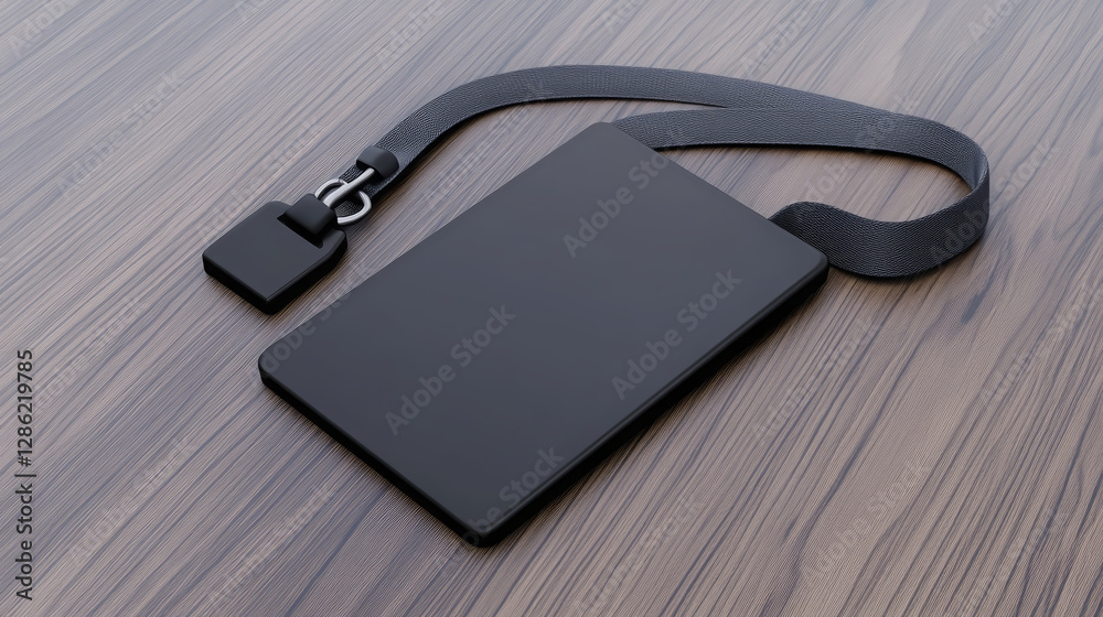 sleek black ID badge holder with lanyard on wooden surface, perfect for professional use. This mockup showcases minimalist design ideal for events or workplaces sleek black ID badge holder with lanyard on wooden surface, perfect for professional use. This mockup showcases minimalist design ideal for events or workplaces