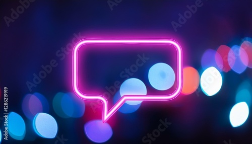 neon speech bubble glow a vibrant pink neon speech bubble glows brightly against a backdrop of blurred purple and blue bokeh lights