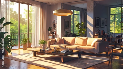 Anime Afternoon sunlight in modern living room