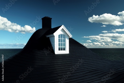 Morning sunlight illuminates a house by the sea, featuring a grey roof shingle and a garret