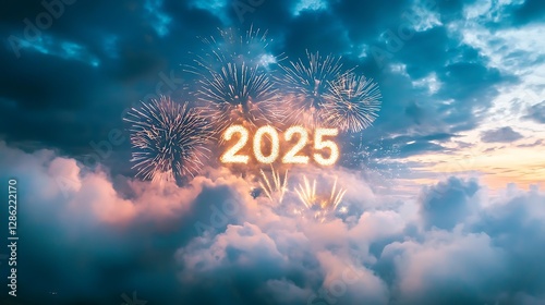 Stunning New Year celebration scene with fireworks spelling '2025' above soft clouds, creating a festive and joyous atmosphere.