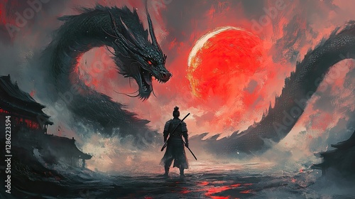 Samurai Facing Giant Black Dragon Red Moon Artwork