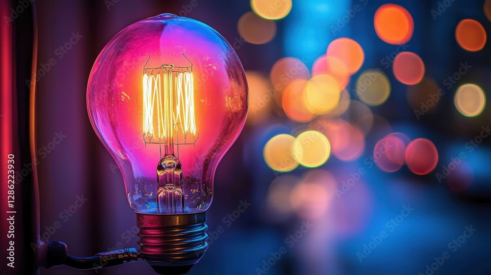 A vibrantly colored light bulb illuminated against a radiantly colorful background A vibrantly colored light bulb illuminated against a radiantly colorful background