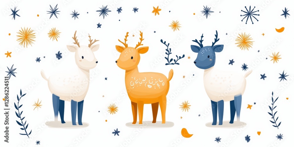 Fototapeta premium Two stylized deer standing in a snowy winter scene with delicate falling snowflakes in a peaceful and enchanting digital vector illustration capturing nature magic and seasonal beauty