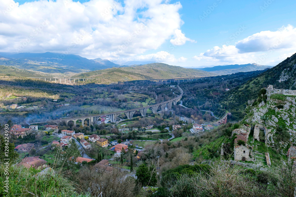 Fototapeta premium The landscape seen from the abandoned village of San Severino di Centola, Italy.