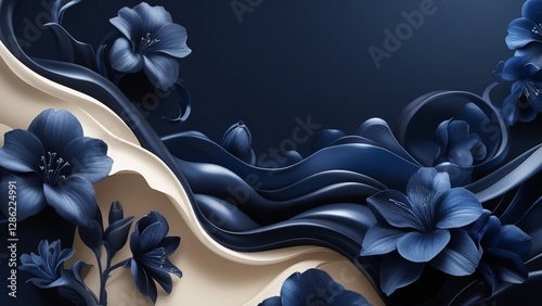 Blue background with abstract waves and flowers.