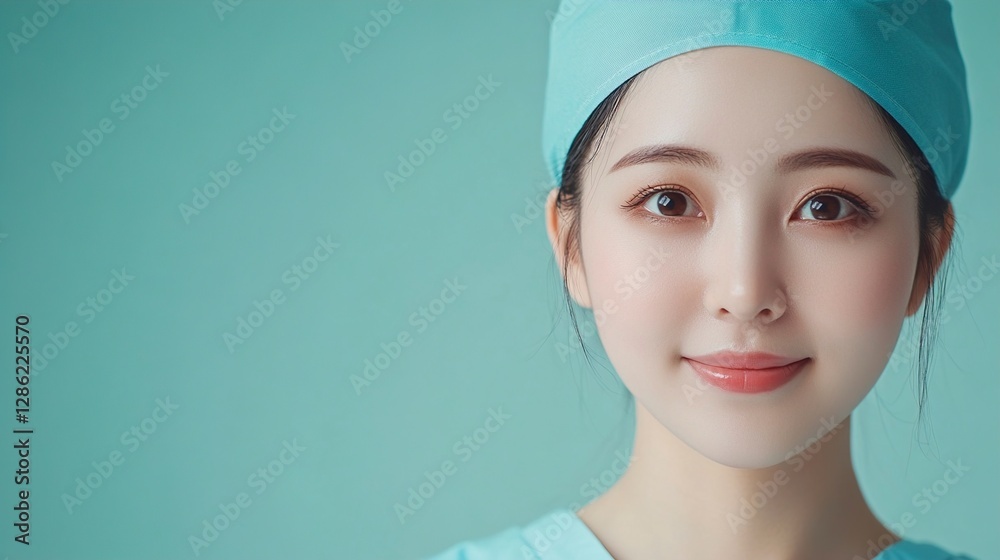 Portrait of a Smiling Female Doctor or Nurse Wearing a Light Blue Surgical Cap Portrait of a Smiling Female Doctor or Nurse Wearing a Light Blue Surgical Cap