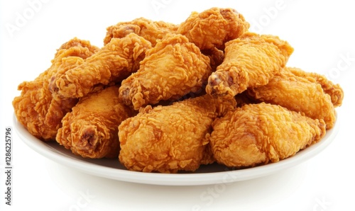 Crispy fried chicken drumsticks piled on a white plate against a white background (1)