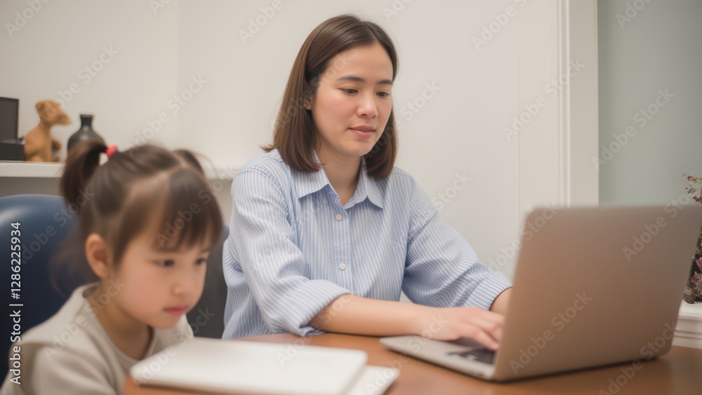 Remote work concept. Woman working on a laptop with a child beside her in a home office setting. Remote work concept. Woman working on a laptop with a child beside her in a home office setting.