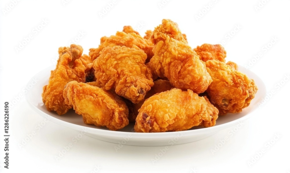 Crispy fried chicken wings on white plate, simple background, food photography Crispy fried chicken wings on white plate, simple background, food photography