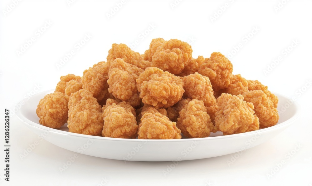 Crispy popcorn chicken pile on white plate, simple background, food photography Crispy popcorn chicken pile on white plate, simple background, food photography