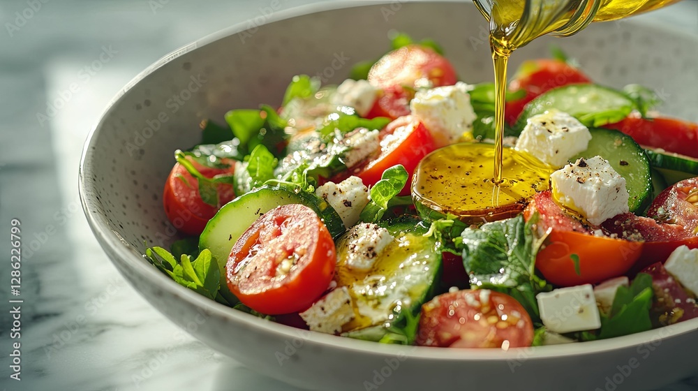 Fresh Salad with Feta Cheese and Olive Oil Dressing