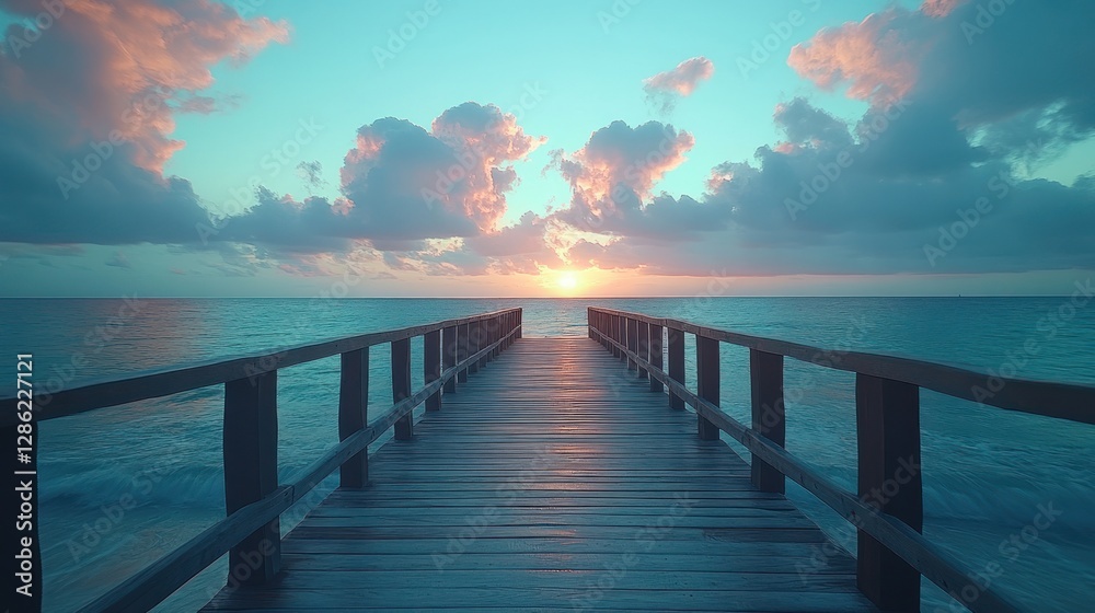 Fototapeta premium Sunrise Wooden Pier Ocean Tranquil