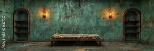 Rustic room interior with bed, shelves, and aged walls.