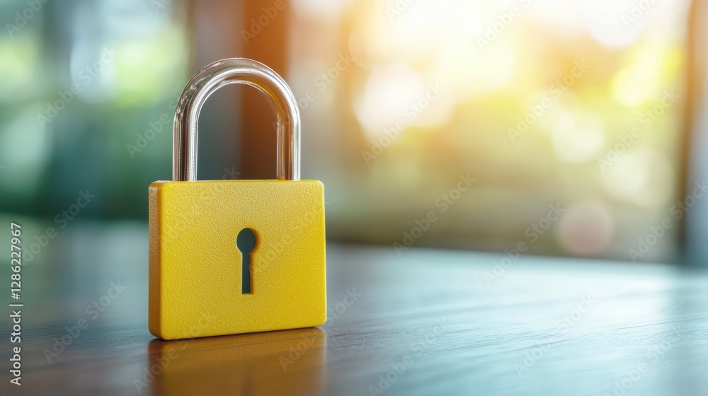 Fototapeta premium Secure and safe, yellow padlock on wooden table symbolizing protection privacy