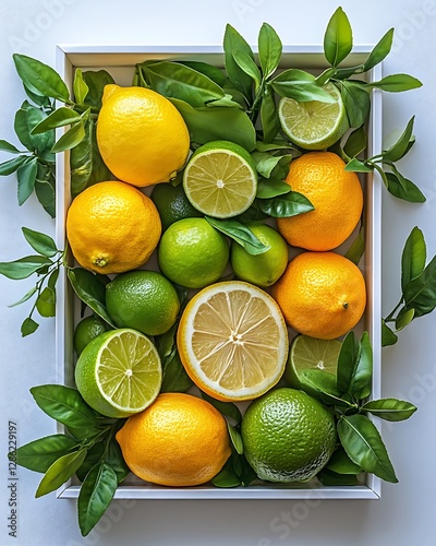 Citrus fruits in a white wooden box with leaves photo