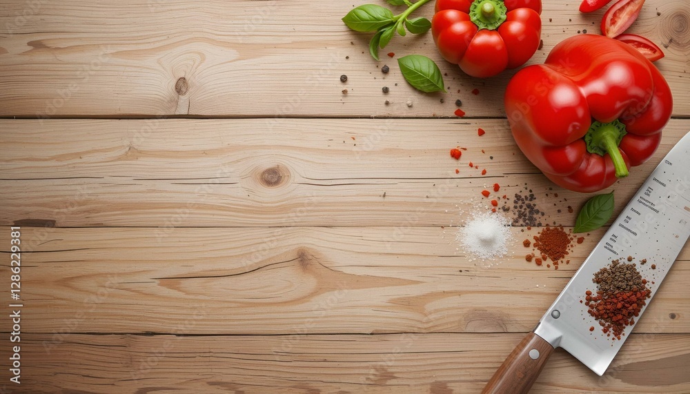 Cooking background, home cooking concept. Red sweet bell pepper, chef knife, spices on wooden background, top view, copy space. Cooking background, home cooking concept. Red sweet bell pepper, chef knife, spices on wooden background, top view, copy space.