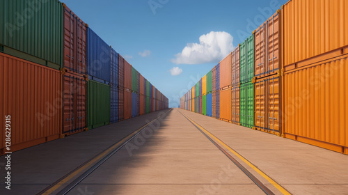 Wallpaper Mural Colorful shipping containers lined up in railway yard under clear blue sky create vibrant industrial scene. perspective draws eye down long path between containers Torontodigital.ca
