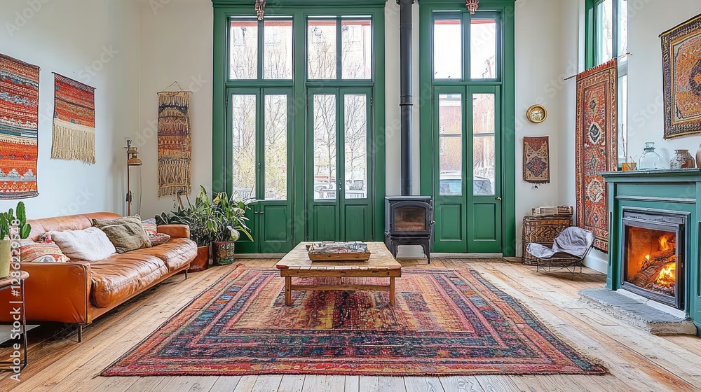 Fototapeta premium Bright spacious living room featuring bohemian decor and cozy fireplace