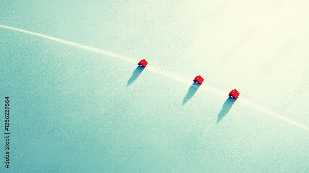 Miniature houses in a row on a light blue surface. Possible use Stock photo for interior design, real estate, or conceptual art Miniature houses in a row on a light blue surface. Possible use Stock photo for interior design, real estate, or conceptual art