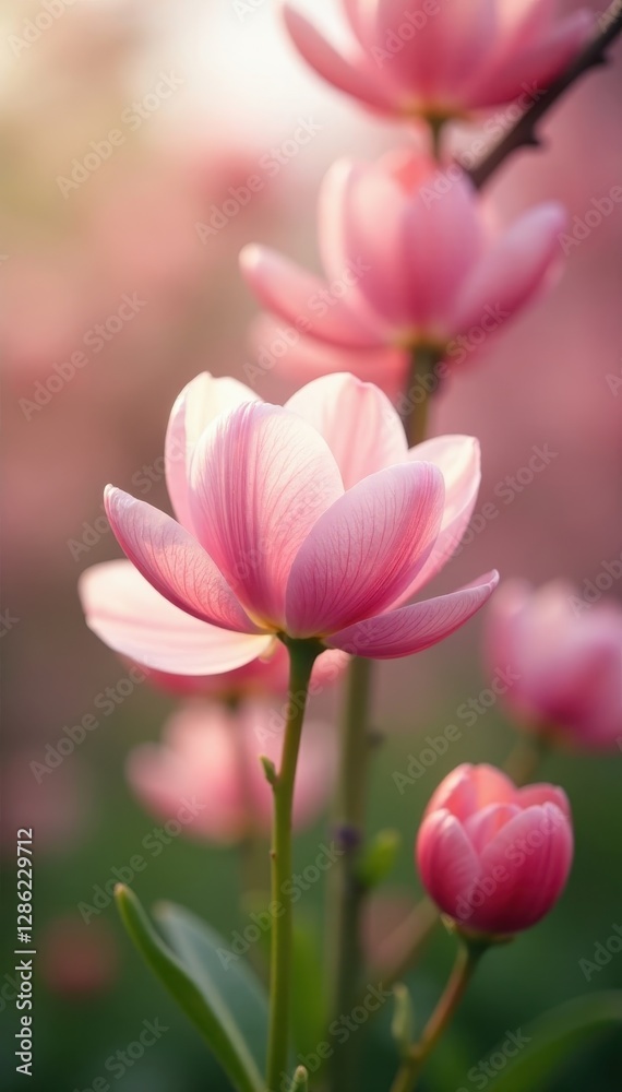 Blurred spring floral bokeh, asymmetrical spring bloom, elegant, bright Blurred spring floral bokeh, asymmetrical spring bloom, elegant, bright