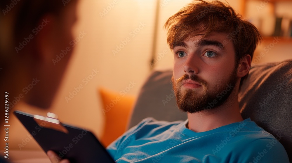 Fototapeta premium A young man actively listens to his therapist during a counseling session addressing mental health and emotional wellbeing.