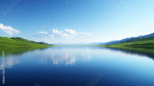 tranquil scene of calm blue lake surrounded by lush green hills and distant mountains under clear blue sky. serene atmosphere invites relaxation and reflection