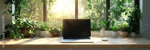 Laptop on a sunny windowsill with plants.