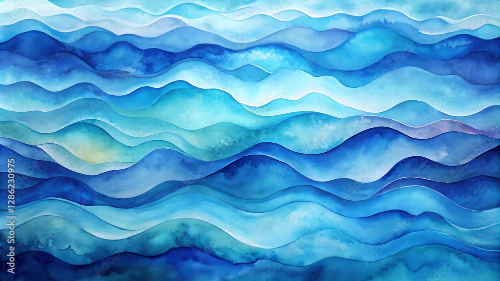 Watercolor Background with Gradient of Blues Mimicking Ocean Waves and Fluid Movement Watercolor Background with Gradient of Blues Mimicking Ocean Waves and Fluid Movement