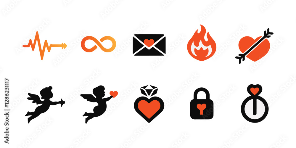 This image showcases a set of elegant love-themed icons in black and red, representing romance, passion, and commitment. It includes symbols like hearts, arrows, a rose, a love letter. This image showcases a set of elegant love-themed icons in black and red, representing romance, passion, and commitment. It includes symbols like hearts, arrows, a rose, a love letter.
