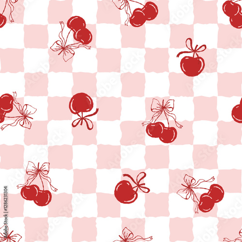 Seamless pattern cute coquette red cherry with cute ribbon on color background.
Vector illustration.