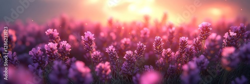 Vibrant lavender field at sunset.
