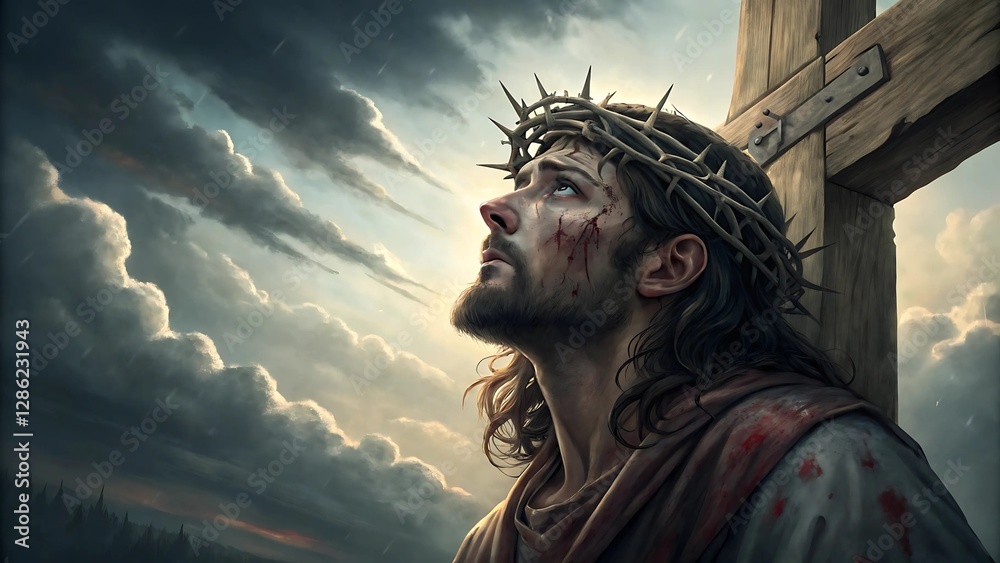 Obraz premium The biblical scene is Jesus on the cross. The grim expression on his face conveys the suffering and sacrifice of the Christian savior.