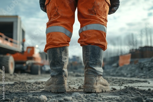 Construction worker wearing safety gear on a construction site with machinery and materials photo