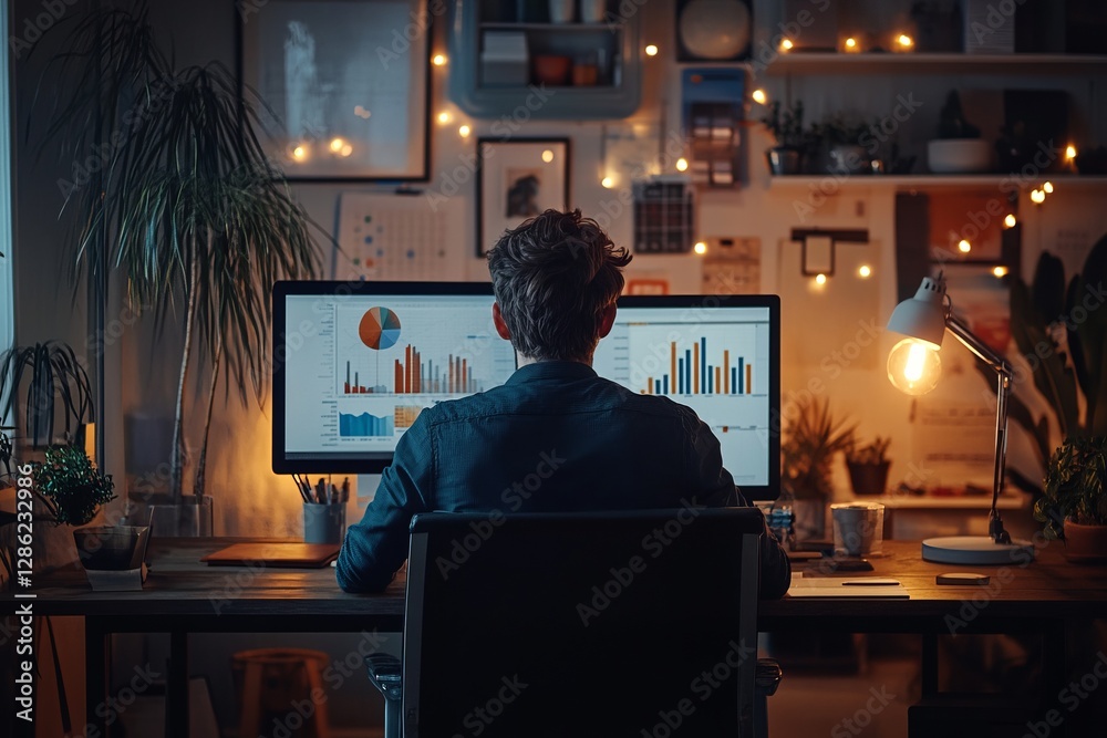 Person sitting at a desk working on a computer in a modern office environment Person sitting at a desk working on a computer in a modern office environment