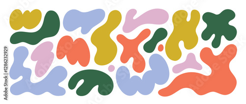 Wavy liquid irregular blob shapes collection. Childish colorful vector isolated shapes. Simple freeforms, asymmetric blobs, bubbles and drops in trendy y2k style. Vector flat design elements.