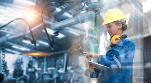 Industrial worker welding steel in a construction environment, Manager or Industrial engineer working and control robotic with industry factory and network connection automation robot arm by tablet.