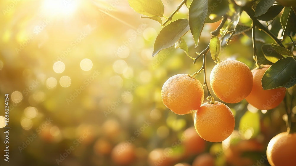 Orange Grove with Abundant Oranges on Trees in the Sunshine, New Harvest Concept Orange Grove with Abundant Oranges on Trees in the Sunshine, New Harvest Concept