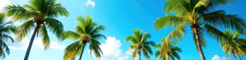 Lush palm trees sway under a vibrant blue sky , beach, bright, clear Lush palm trees sway under a vibrant blue sky , beach, bright, clear