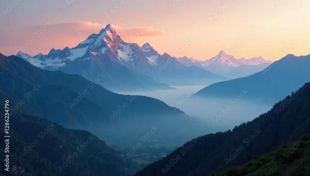 Fototapeta premium Misty mountain range at dawn, dramatic light on peaks, rock, landscape, cliff